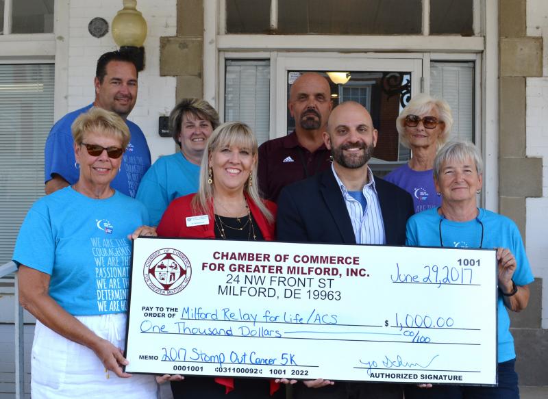 Shown are in back (l-r) Charles Gray, Relay for Life; Carmen Kemper, Relay for Life; Craig Warrington, Milford School District; and Fran Johnson, 54-year cancer survivor. In front are Connie Pusey, co-chair, Relay for Life; Jo Schmeiser, chamber executive director; David Molotsky, Dentsply Sirona; and Ellen Hall, co-chair, Relay for Life. SUBMITTED PHOTO